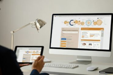 Asian male uses tablet and desktop for work in office setting