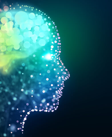 AI - Artificial intelligence. Robotics head and face with neural Human head with a luminous brain network. Digital brain, Analysis information, Cyber mind, Deep and Machine learning, Consciousness, Artificial intelligence, Technology background concept.