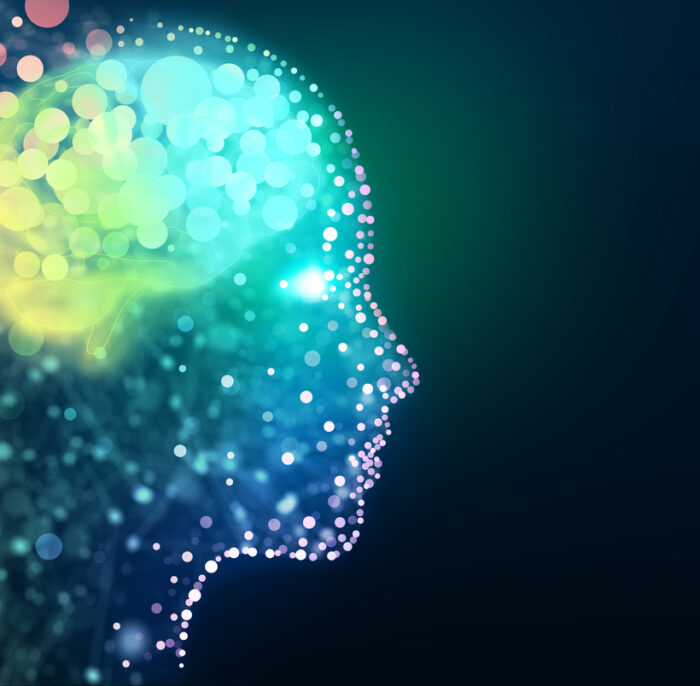 Human head with a luminous brain network. Digital brain, Analysis information, Cyber mind, Deep and Machine learning, Consciousness, Artificial intelligence, Technology background concept.