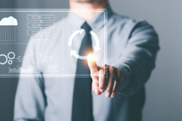 Man pushing software update button, technology information update and upgrade concept, online program installation, maintenance and process change, new interface refresh website.